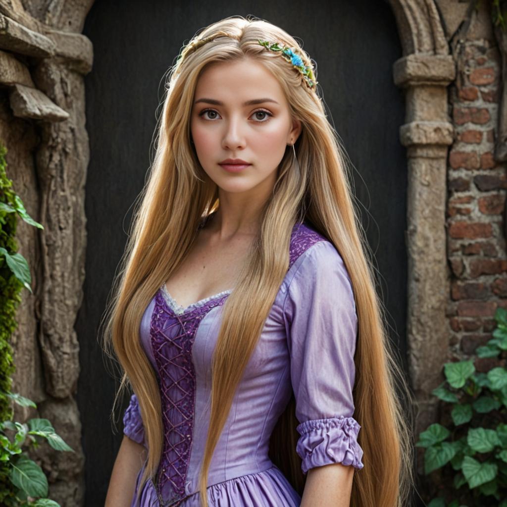 Woman resembling Rapunzel in a purple medieval dress