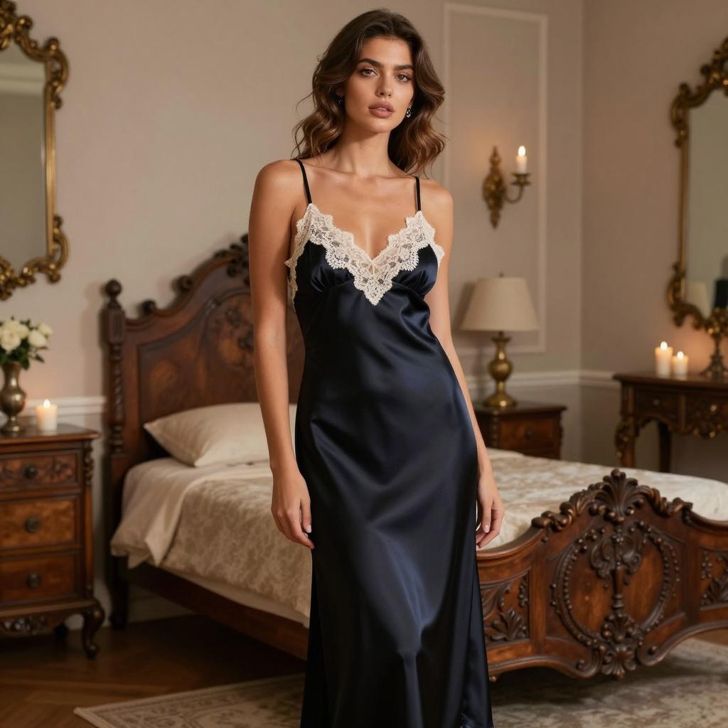 Elegant Black Satin Slip Dress Worn by Woman in Vintage Bedroom