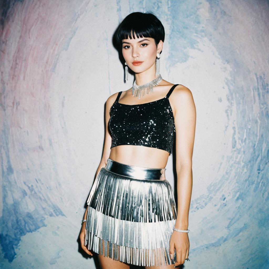 Stylish Woman in Black Sequin Crop Top and Metallic Silver Fringe Skirt