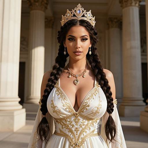 Regal Woman in White and Gold Embroidered Gown with Jeweled Crown