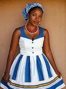 Tswana Makoti Woman in Traditional White and Blue Dress with Beaded Jewelry