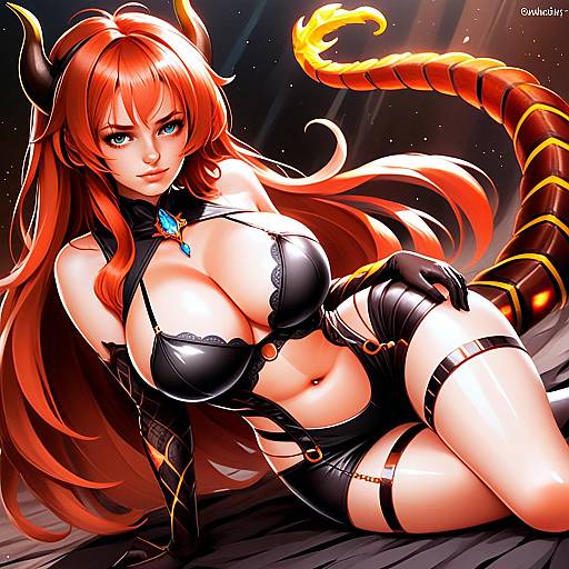Anime Style Red-Haired Woman with Devil Horns and Tail in Fantasy Outfit