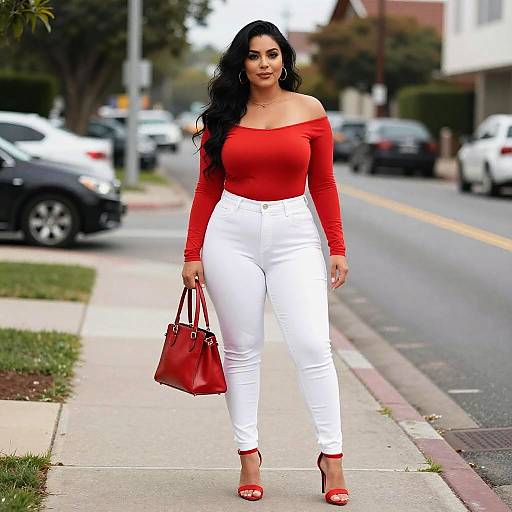 Woman in Red Off-Shoulder Top and White Jeans Walking on Sidewalk