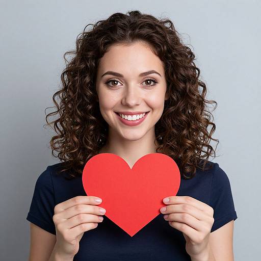Smiling Woman Holding Red Heart on Gray Background