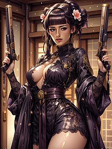 Anime Style Woman in Elegant Traditional Outfit Holding Antique Pistols