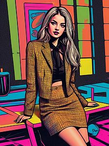 Stylish Woman in Chic Plaid Outfit on Colorful Surface