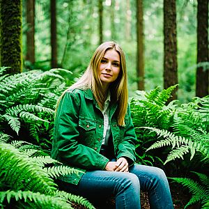 Young Woman in Green Jacket Among Ferns