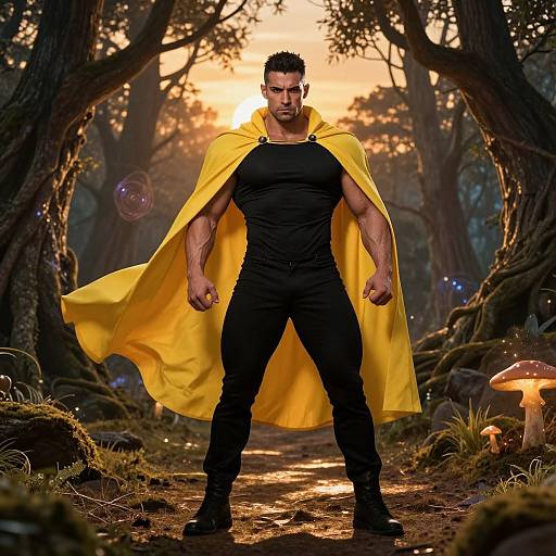 Heroic Man in Yellow Cape Standing in Enchanted Forest