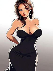 Stylized Digital Portrait of Woman in Black Strapless Dress
