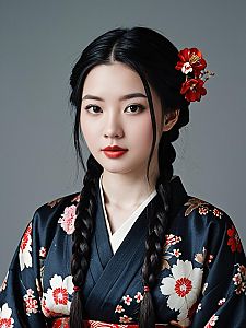 Elegant Japanese Woman in Traditional Floral Kimono with Braided Hair and Red Flower