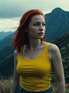 Young Woman in Yellow Tank Top Amidst Mountain Landscape