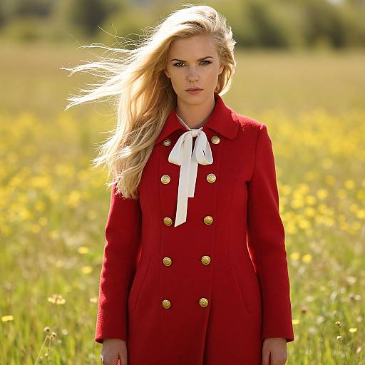 Blonde Woman in Red Coat Standing in Wildflower Field