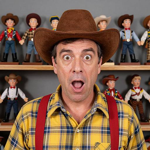Surprised Man in Cowboy Hat with Vintage Cowboy Dolls Collection