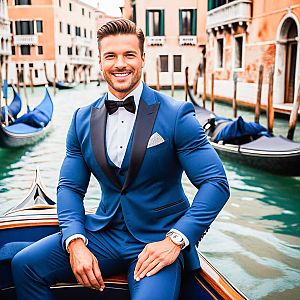 Man in Blue Tuxedo on Venetian Gondola