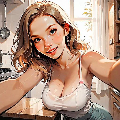 Stylized Cartoon Woman Taking Selfie in Cozy Kitchen Illustration