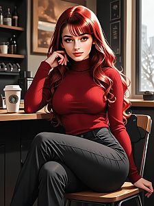 Stylish Woman in Cafe with Red Hair