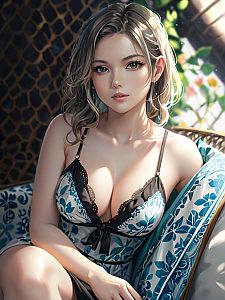 Anime Woman in Floral Lingerie Sitting on Patterned Chair Artwork