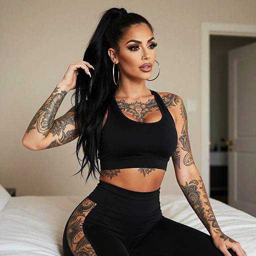 Tattooed Woman in Black Sportswear with Long Ponytail Indoors