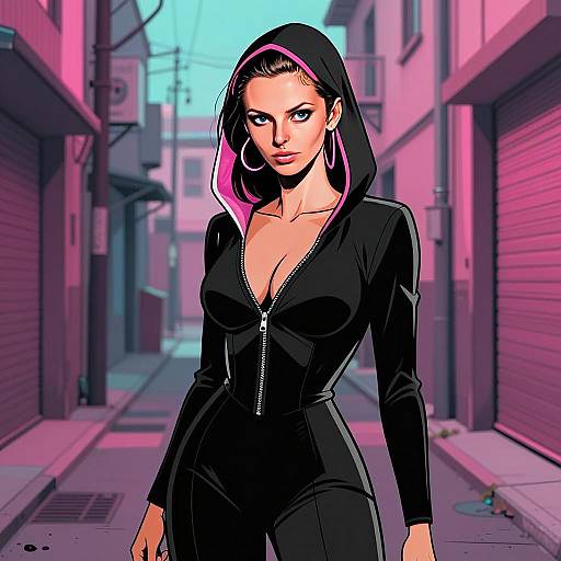 Stylish Young Woman in Black Hoodie Urban Digital Illustration