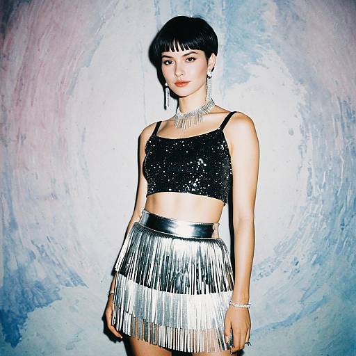 Stylish Woman in Black Sequin Crop Top and Metallic Silver Fringe Skirt
