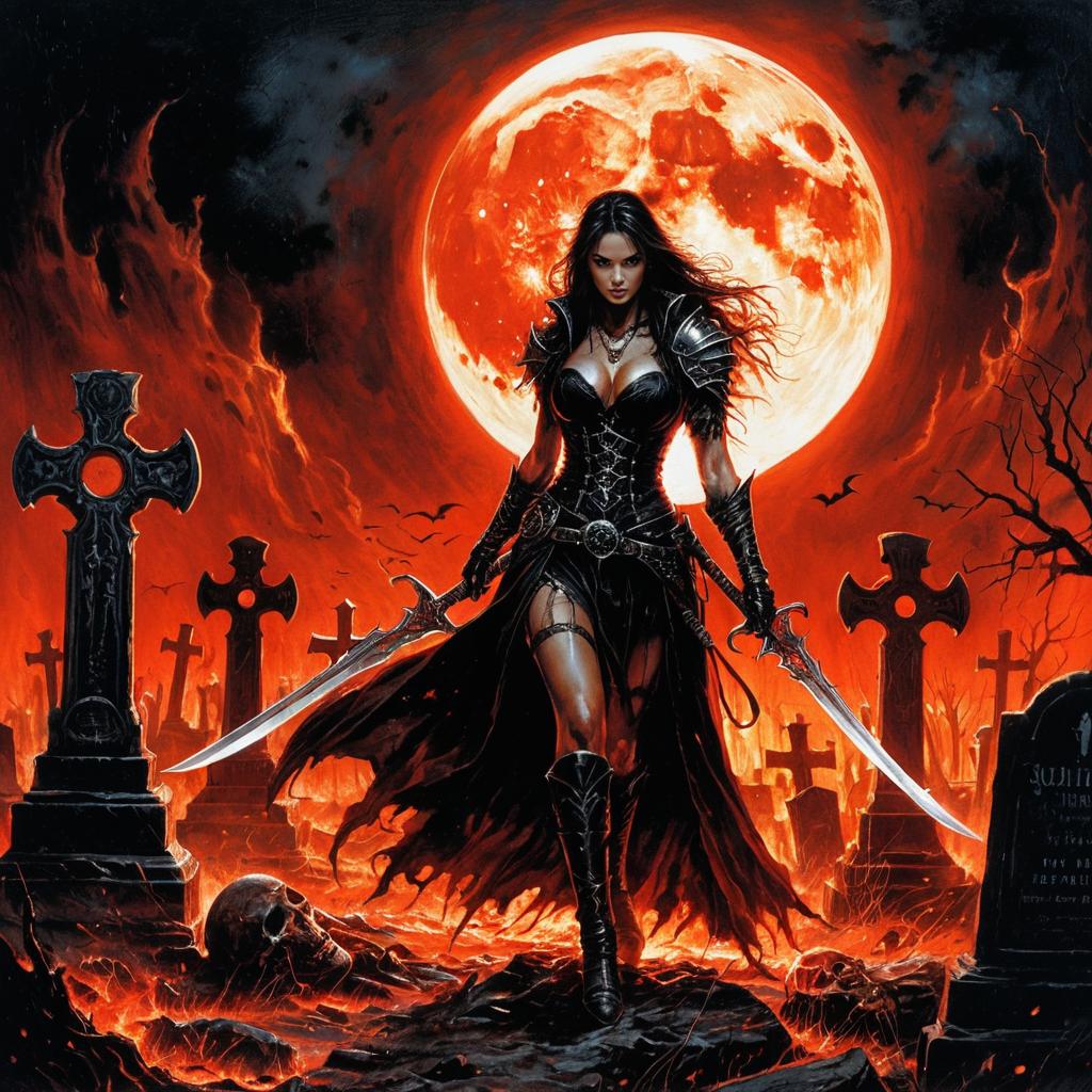 Gothic Woman Warrior in Fiery Graveyard with Full Moon