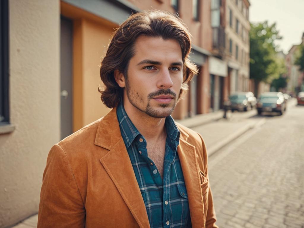 Stylish Man with 70s Hairstyle and Suede Jacket