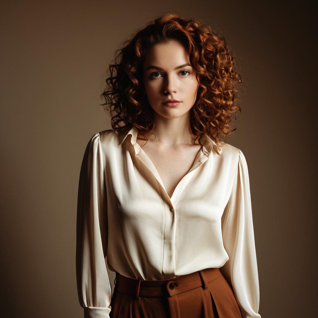 Elegant Woman in Ivory Silk Blouse and Brown Trousers Portrait