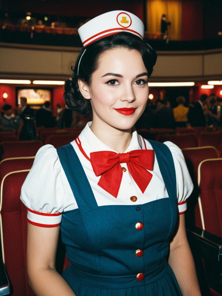 Retro Woman in Cinema Usherette Costume Portrait at Vintage Theater