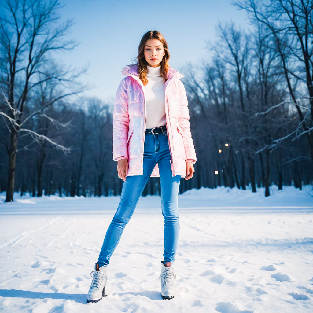 Young Woman in Pink Winter Jacket in Snowy Landscape