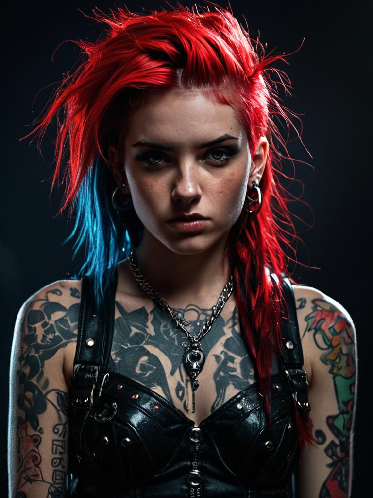 Punk Woman with Red and Blue Hair and Tattoos Wearing Black Leather Vest