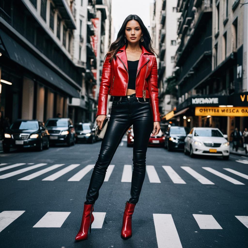 Woman in Red Leather Jacket and Pants Standing in City Street Crosswalk