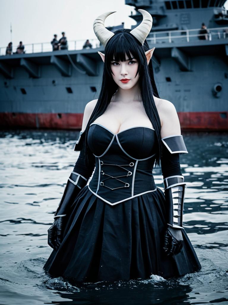 Horned Oni Woman Cosplay in Water with Battleship Background