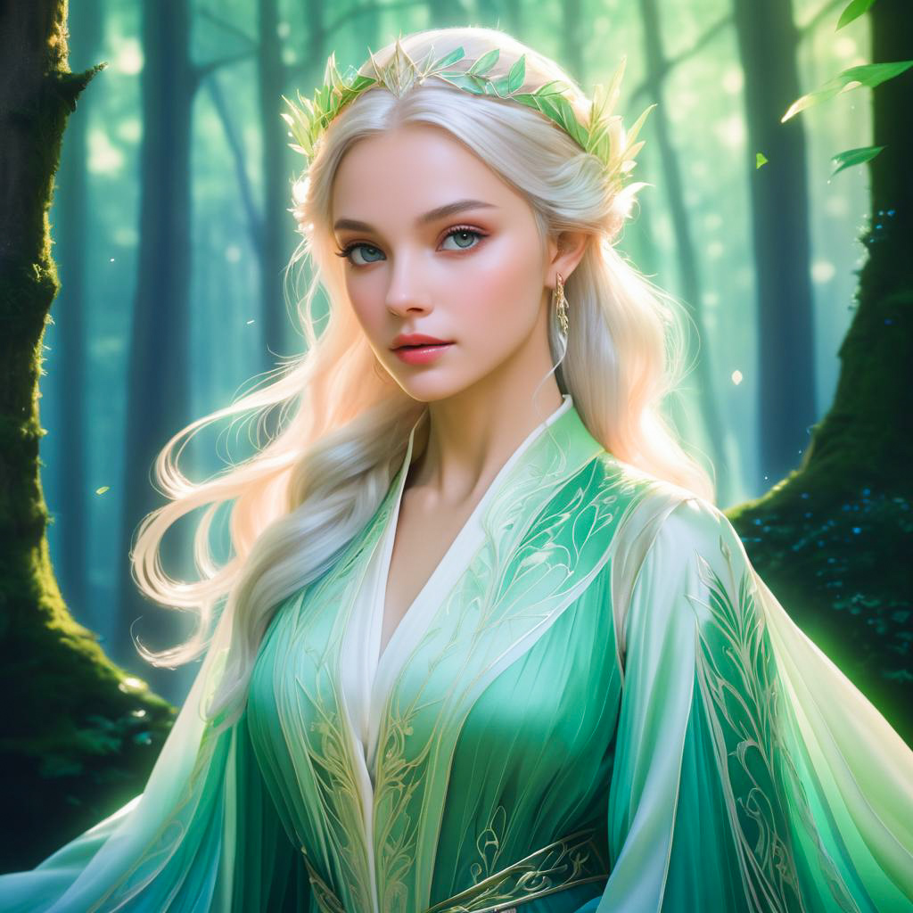 Ethereal Woman in Green Gown with Leaf Crown