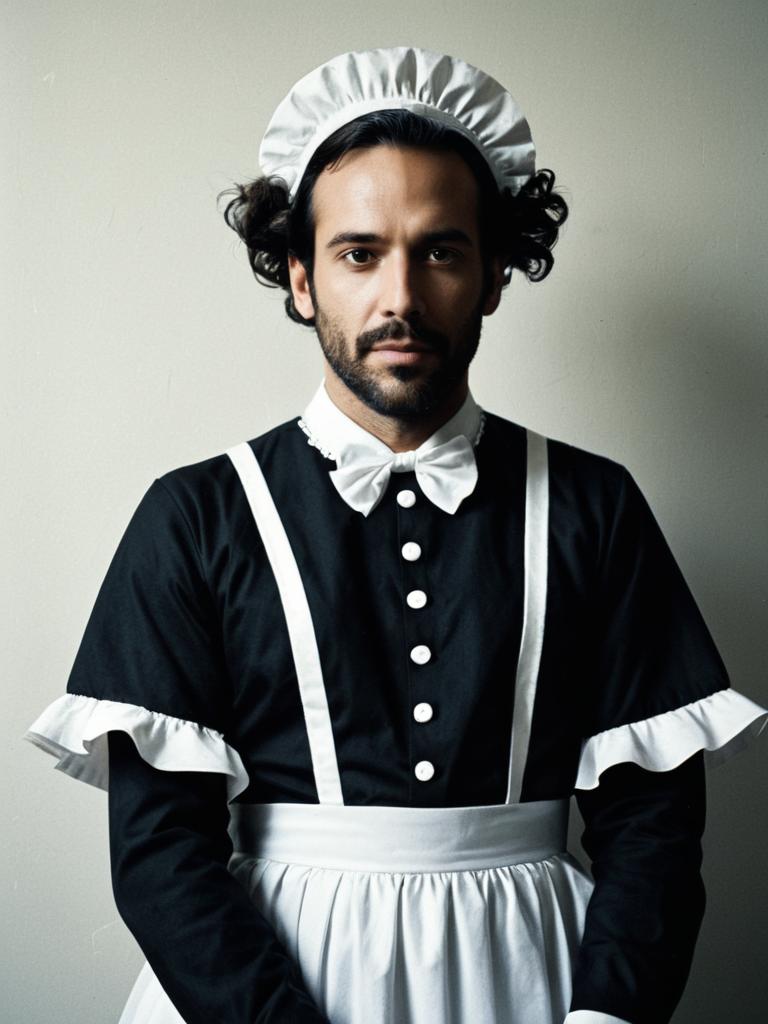 Man in French Maid Outfit Costume with Cinematic Realism and Humorous Style