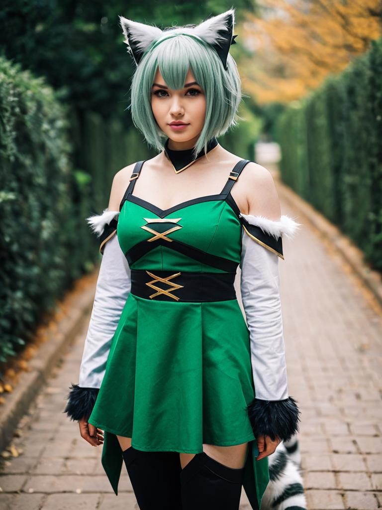 Arknights Inspired Woman Cosplay in Green Dress with Cat Ears Outdoors