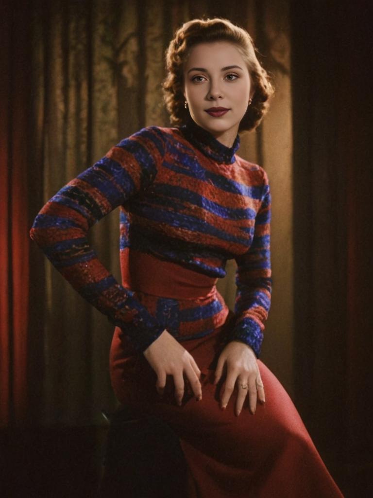 Vintage Woman in Striped Shirt and Red Skirt