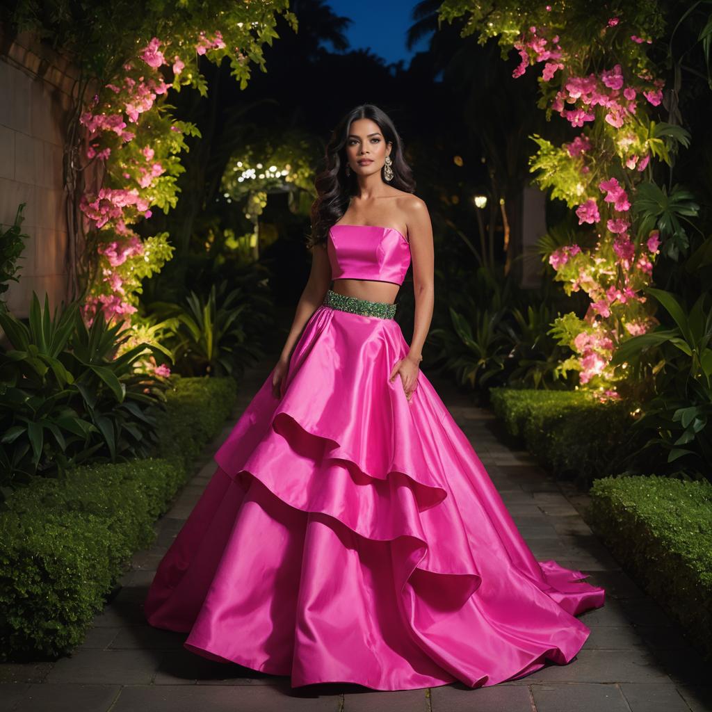 Elegant Woman in Vibrant Pink Two-Piece Gown in Night Garden