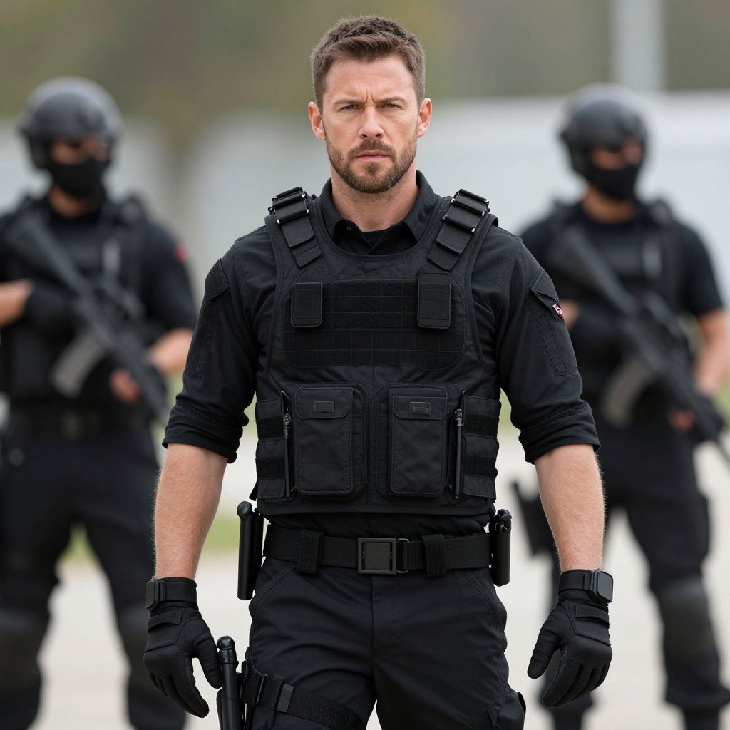 Tactical Security Team Leader in Black Gear with Armed Support