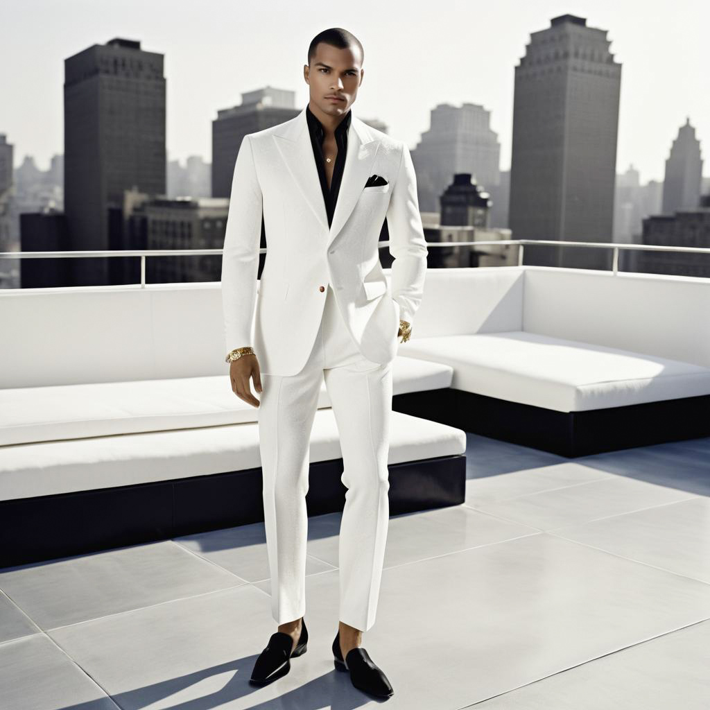 Stylish Man in White Suit Against Urban Skyline