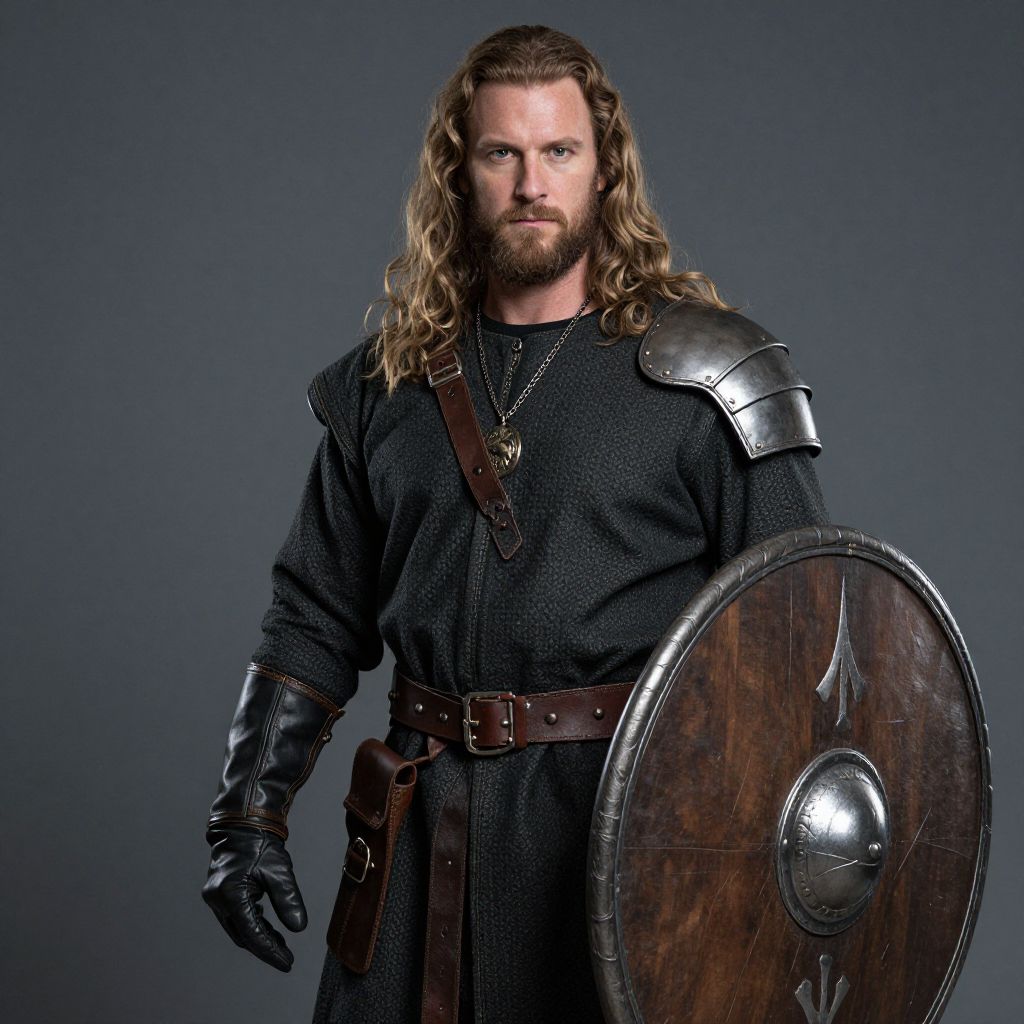 Medieval Warrior Man in Armor Holding Round Shield