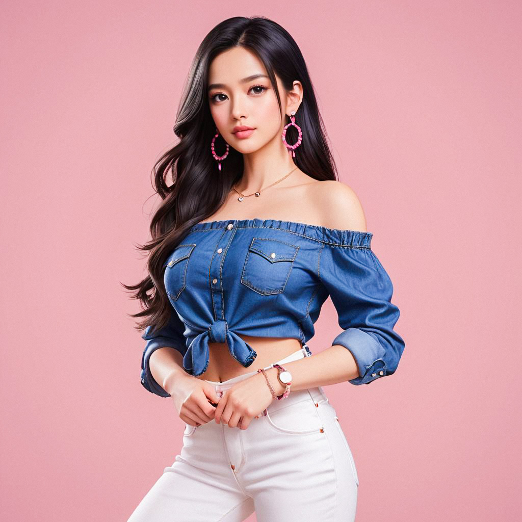 Confident Woman in Off-Shoulder Denim Top Against Pink Background Confident Woman in Off-Shoulder Denim Top Against Pink Background
