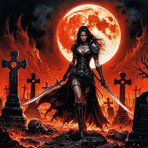 Gothic Woman Warrior in Fiery Graveyard with Full Moon