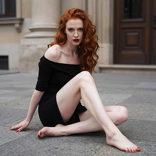 Red-Haired Woman in Black Off-Shoulder Dress Sitting on City Sidewalk