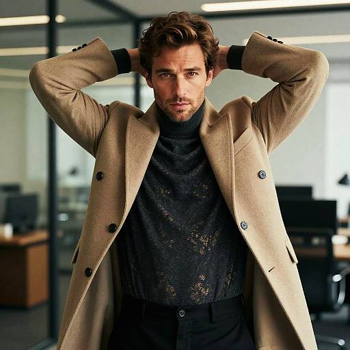 Stylish Man in Beige Overcoat and Sheer Turtleneck Sweater in Modern Office