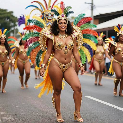 Colorful Woman in Gold Feathered Carnival Costume Leading Parade