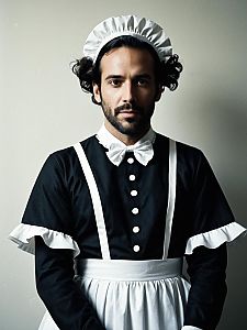 Man in French Maid Outfit Costume with Cinematic Realism and Humorous Style