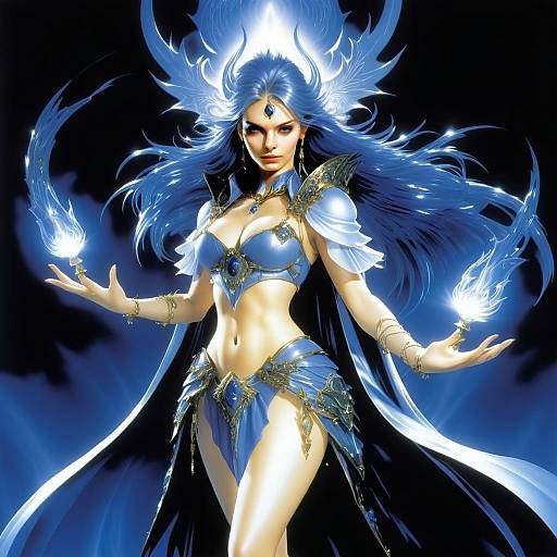 Fantasy Sorceress with Blue Flames and Mystic Armor