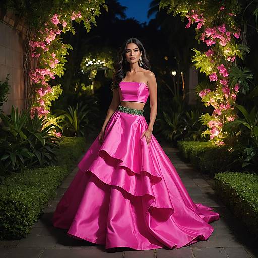 Elegant Woman in Vibrant Pink Two-Piece Gown in Night Garden