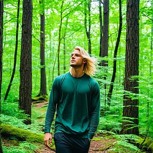 Man Strolling in Lush Forest