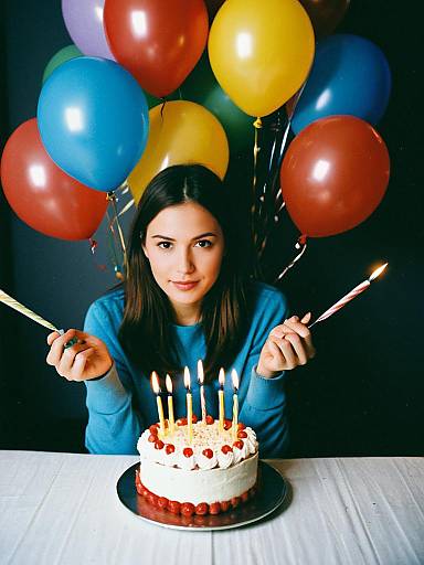 Young Woman Holding Lit Candles with Birthday Cake and Balloons